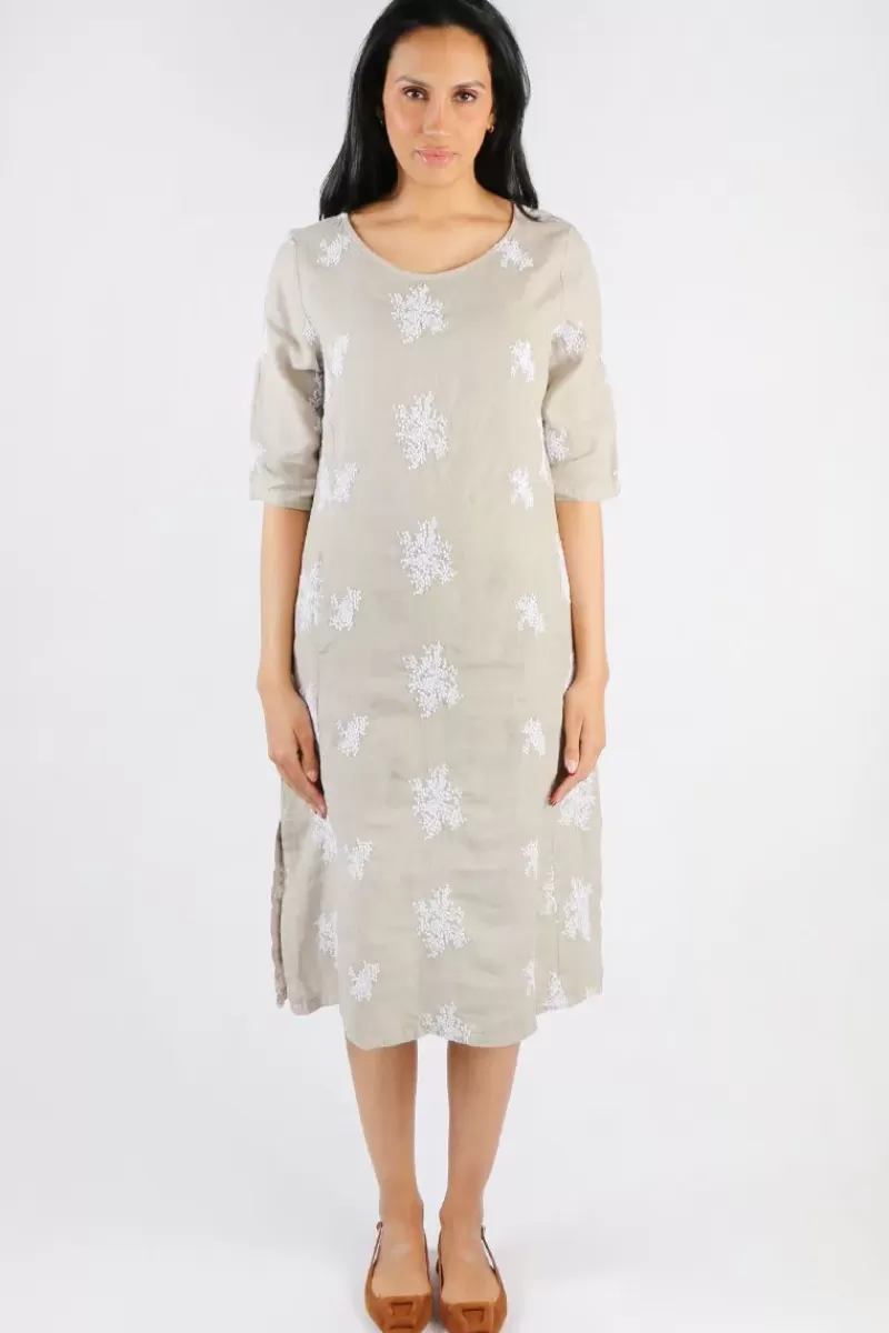 BLUEBERRY Embroidered Linen Shift Dress In Beige