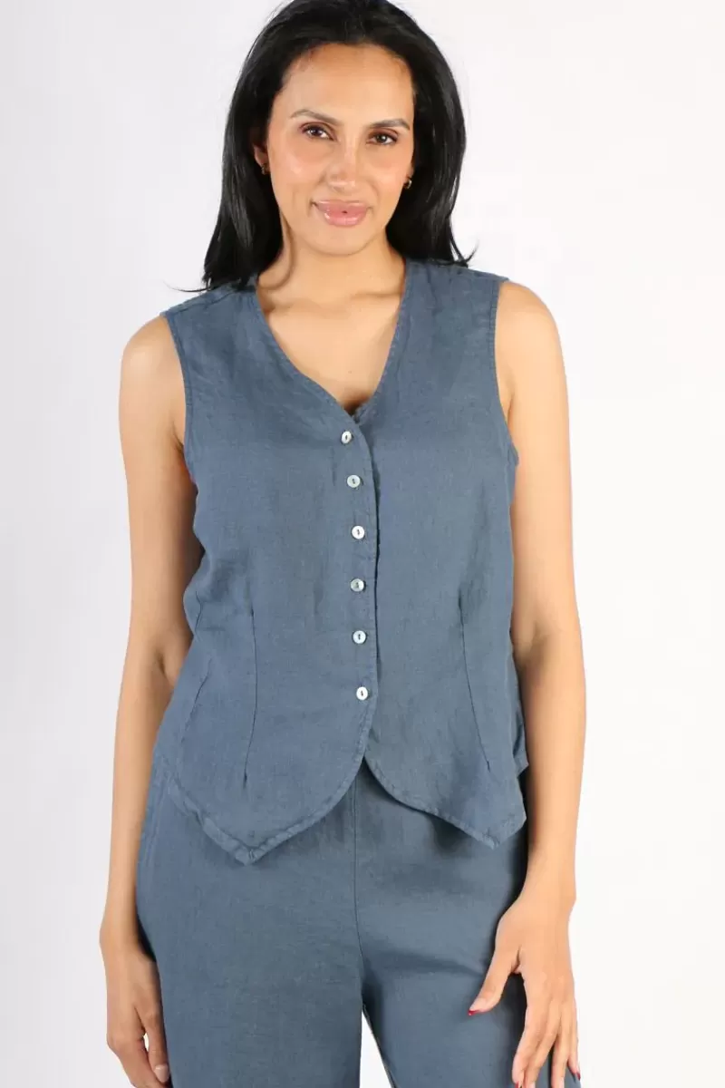 BLUEBERRY Linen Vest In Navy