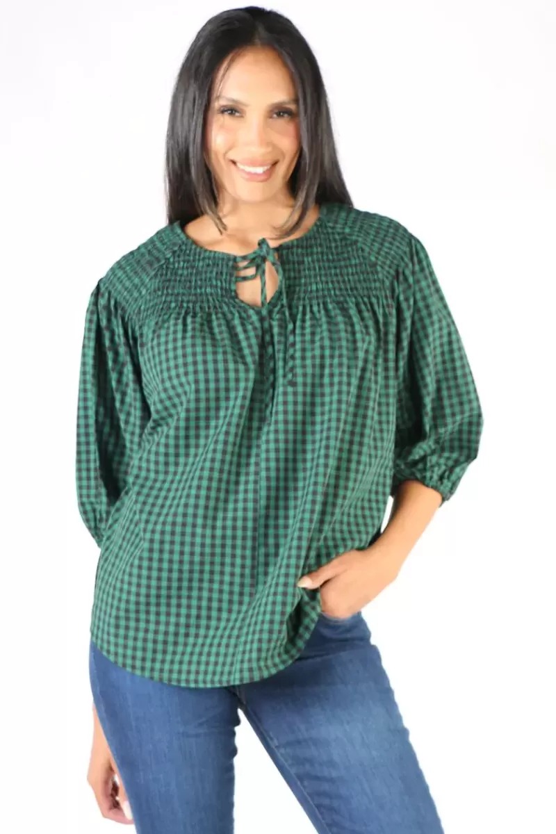 JUMP Check Shirred Top In Green By