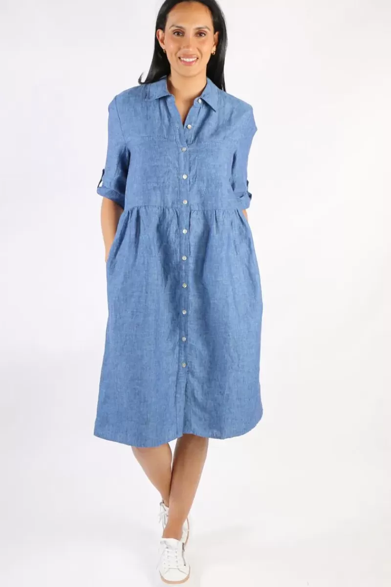 JUMP Cross Dyed Gathered Linen Dress In Chambray By