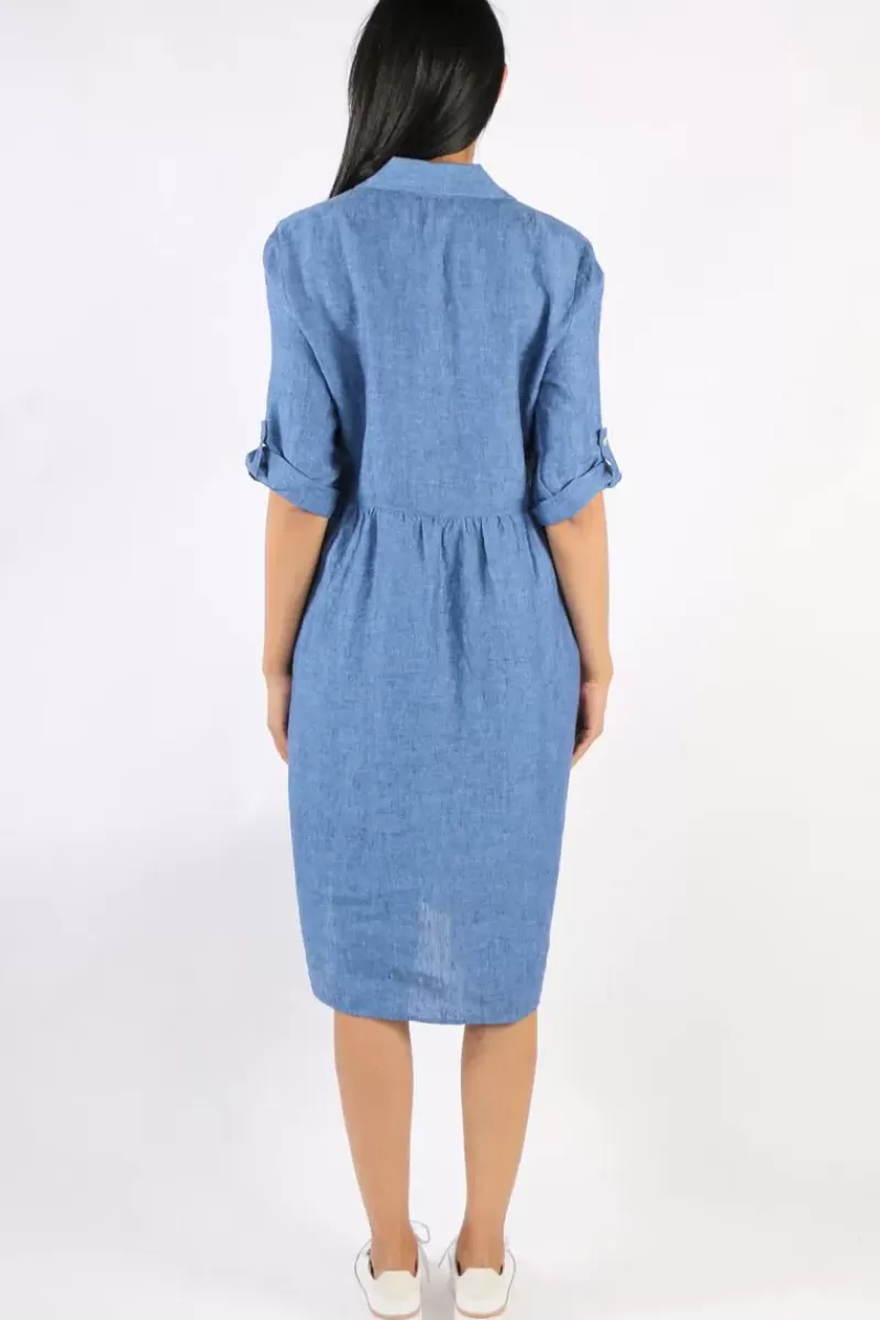 JUMP Cross Dyed Gathered Linen Dress In Chambray By