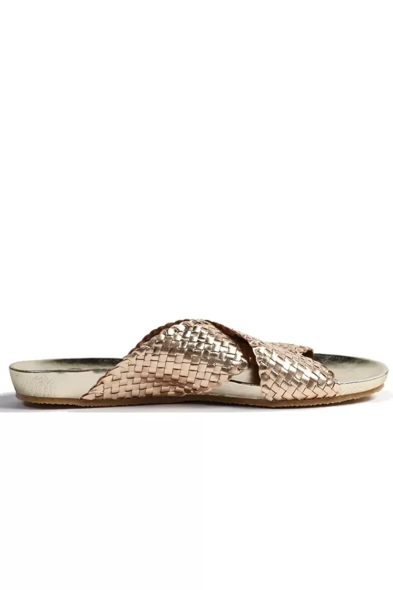 DP FOOTWEAR Crossover Woven Slide By Donna Piu In Gold