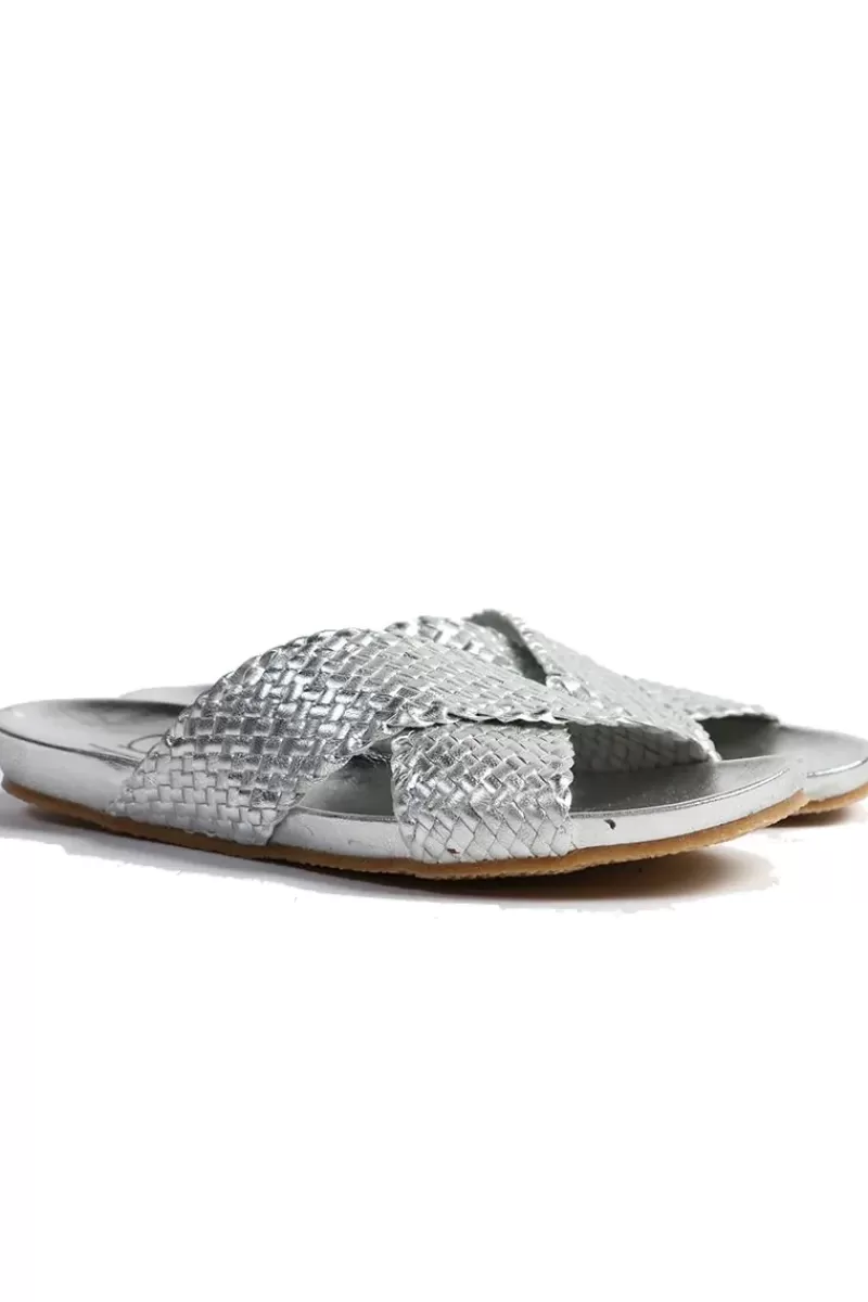 DP FOOTWEAR Crossover Woven Slide By Donna Piu In Silver