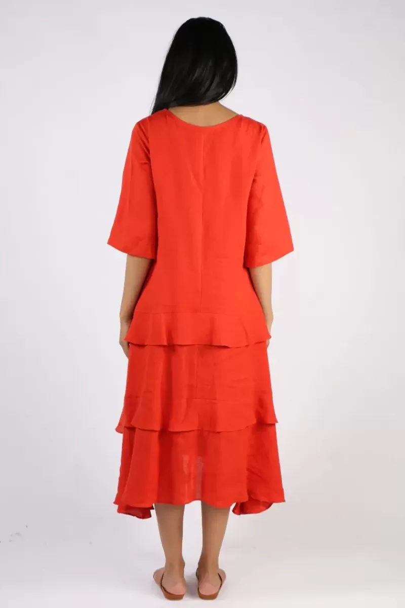 ILLIUM 3/4 Sleeve Ruffle Dress In Rust