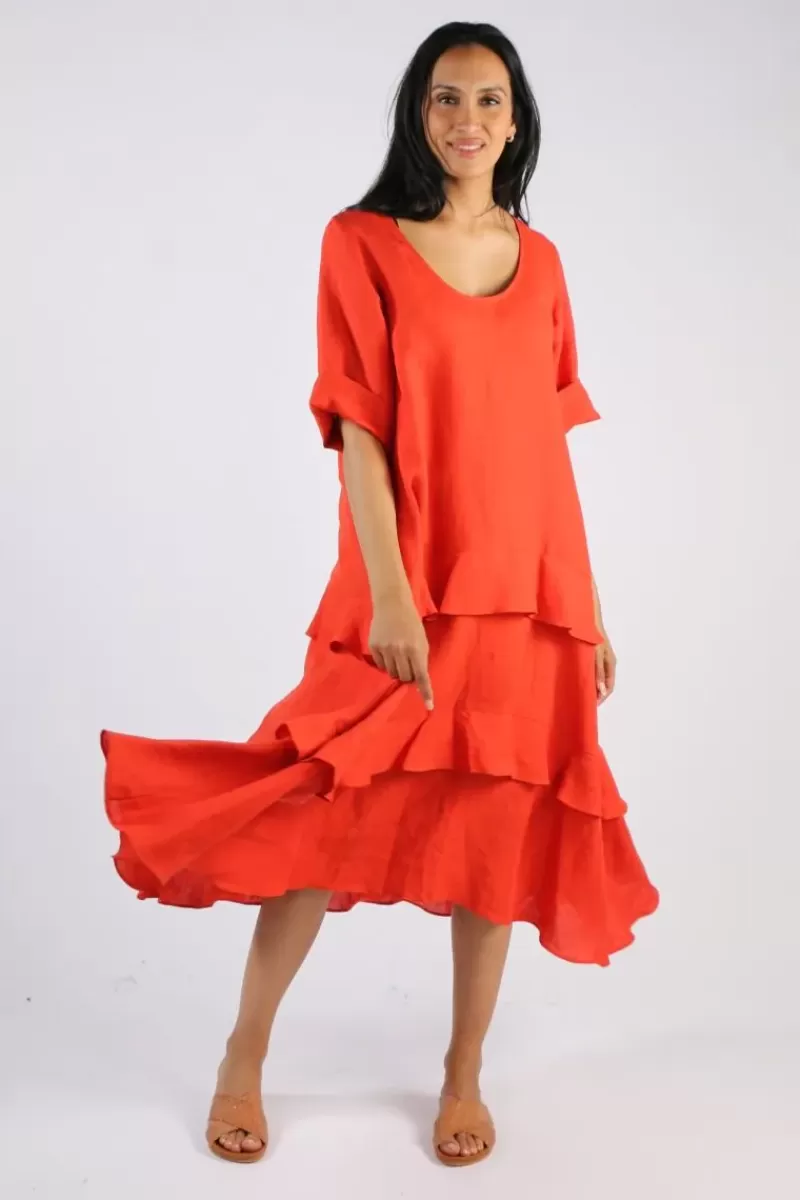 ILLIUM 3/4 Sleeve Ruffle Dress In Rust