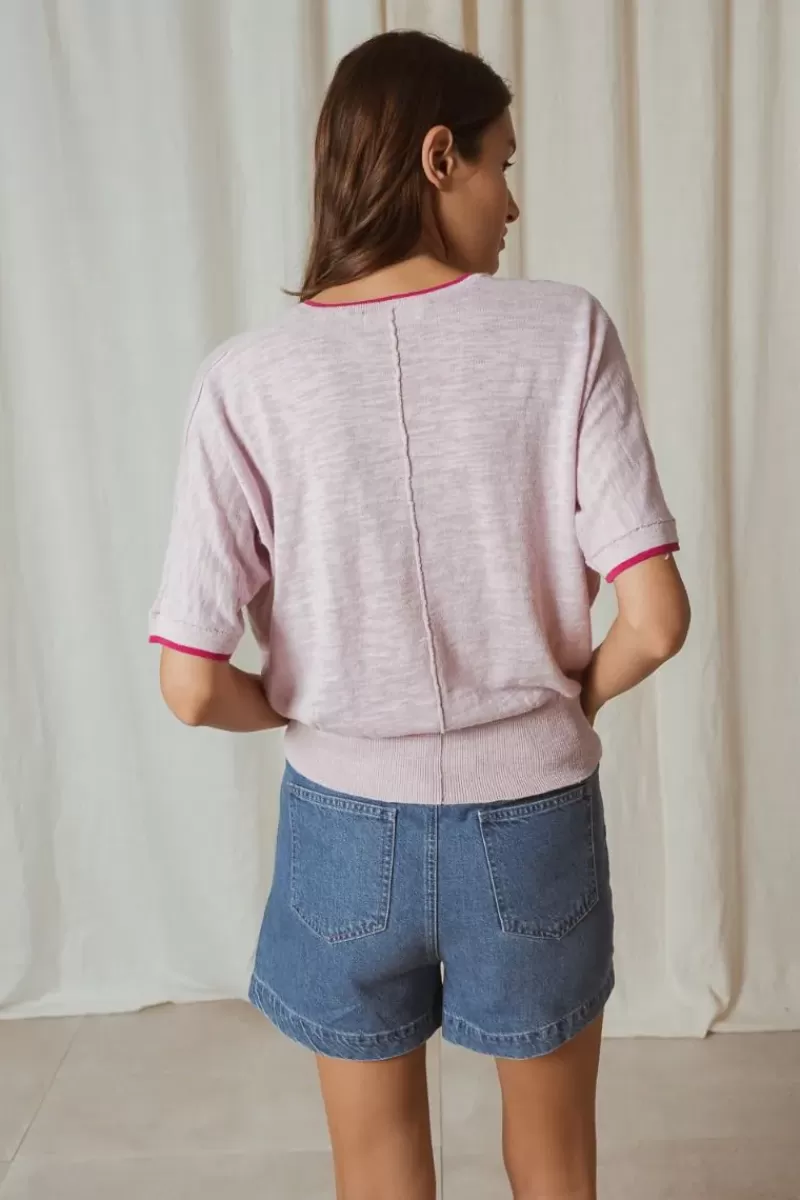 INDI AND COLD Indi & Cold Linen Contrast Knit Top In Pink