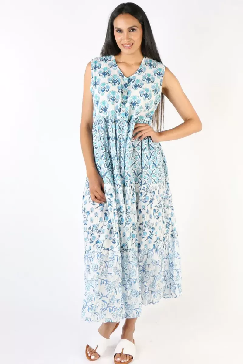 MANDALAY DESIGNS Mandalay Block Printed Destination Provence Sundress In Blue