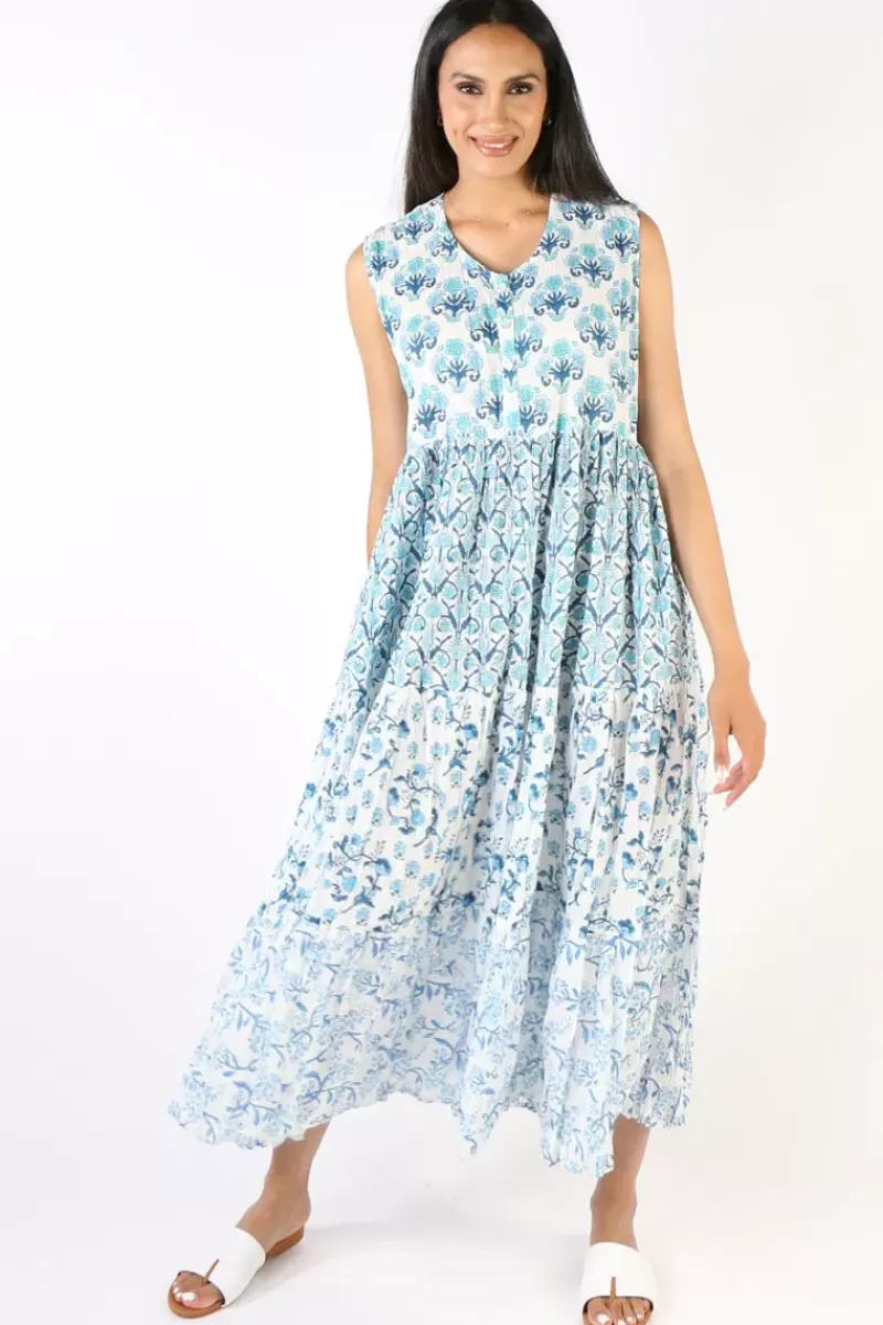 MANDALAY DESIGNS Mandalay Block Printed Destination Provence Sundress In Blue