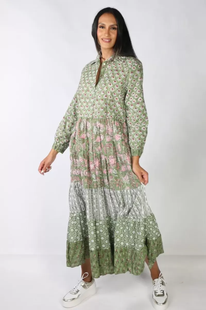 MANDALAY DESIGNS Mandalay Flower Power Shirt Dress In Forest