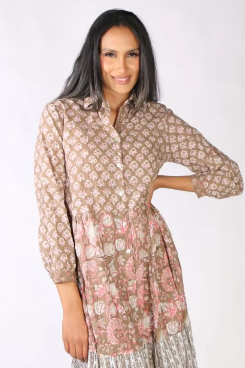 MANDALAY DESIGNS Mandalay Flower Power Shirt Dress In Tan