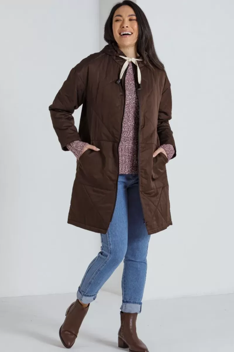 MARCO POLO Long Zipper Puffa Coat In Chocolate