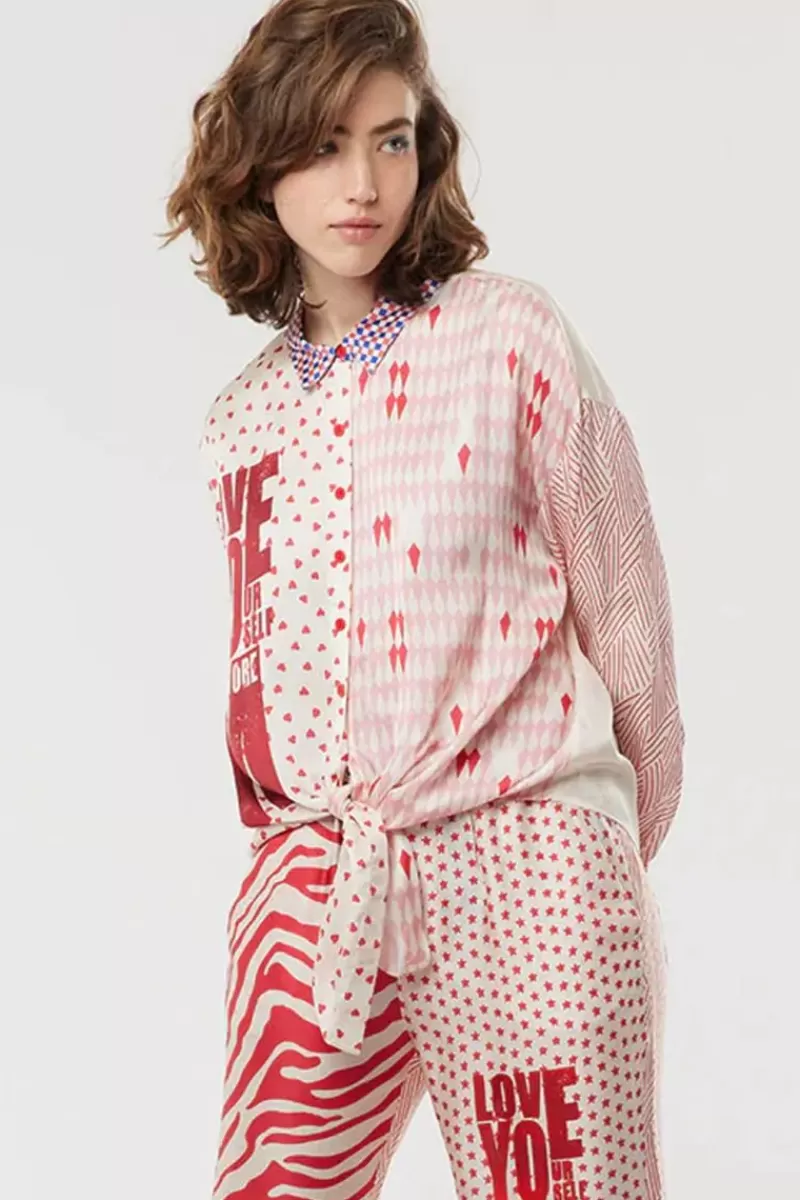 ME369 Sofia Tie Front Shirt In Rouge Print