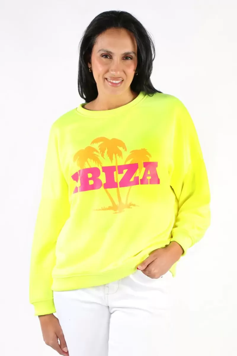 MISS GOODLIFE Ibiza Palm Sweat Top In Neon Yellow