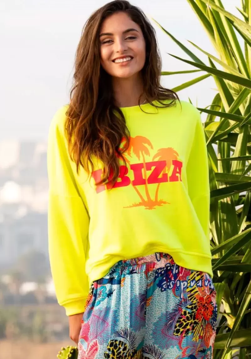 MISS GOODLIFE Ibiza Palm Sweat Top In Neon Yellow