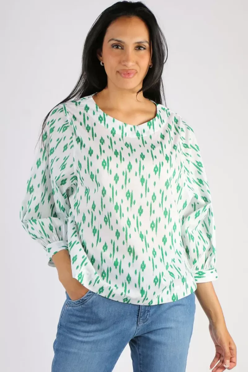 NAMASTAI Avoca Top In Emerald Ikat Print