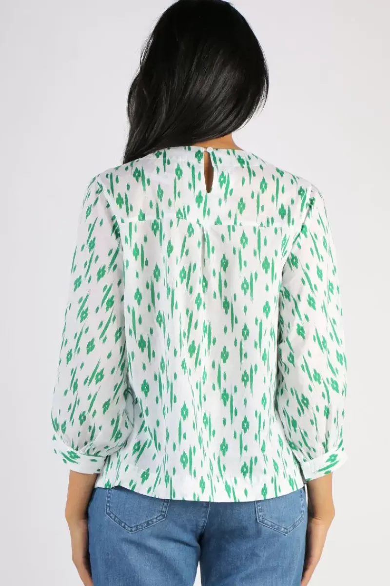 NAMASTAI Avoca Top In Emerald Ikat Print