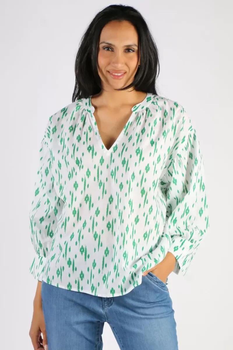 NAMASTAI Crushed Cotton Ikat Print Top In Emerald