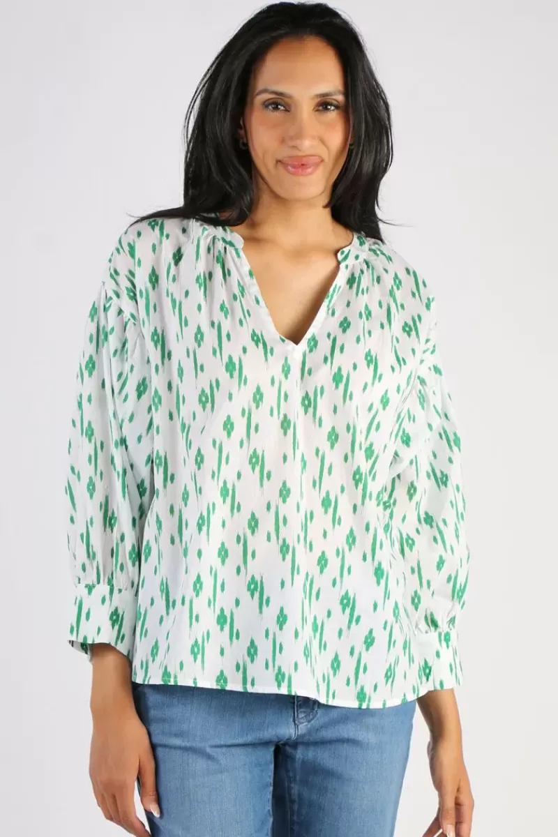 NAMASTAI Crushed Cotton Ikat Print Top In Emerald