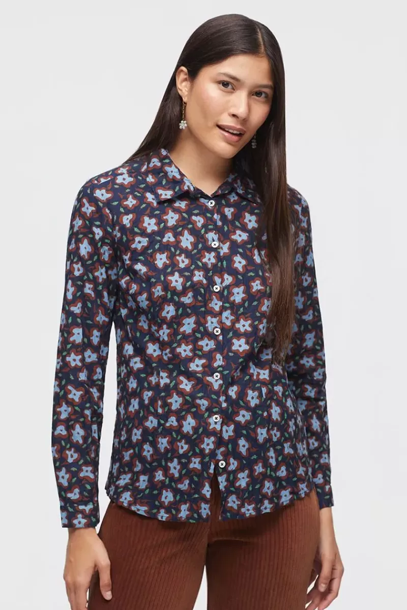 NICE THINGS Pop Flower Crinkle Shirt In Navy