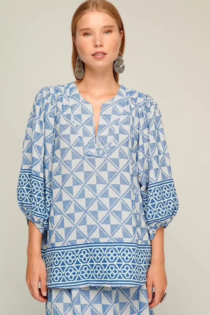 PEARL & CAVIAR Geometric Handwoven Zakar Blouse In Blue