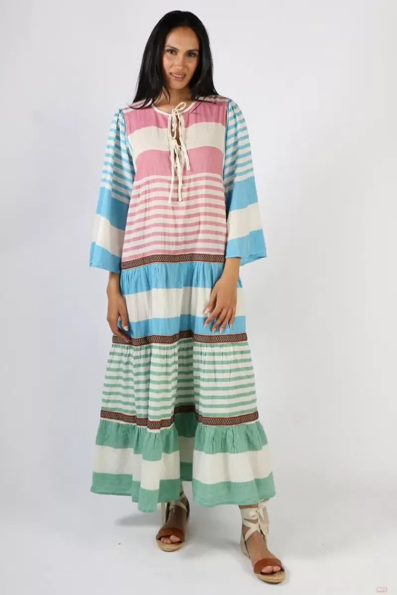 PEARL & CAVIAR Zakar Tie Neck Midi Dress In Stripe