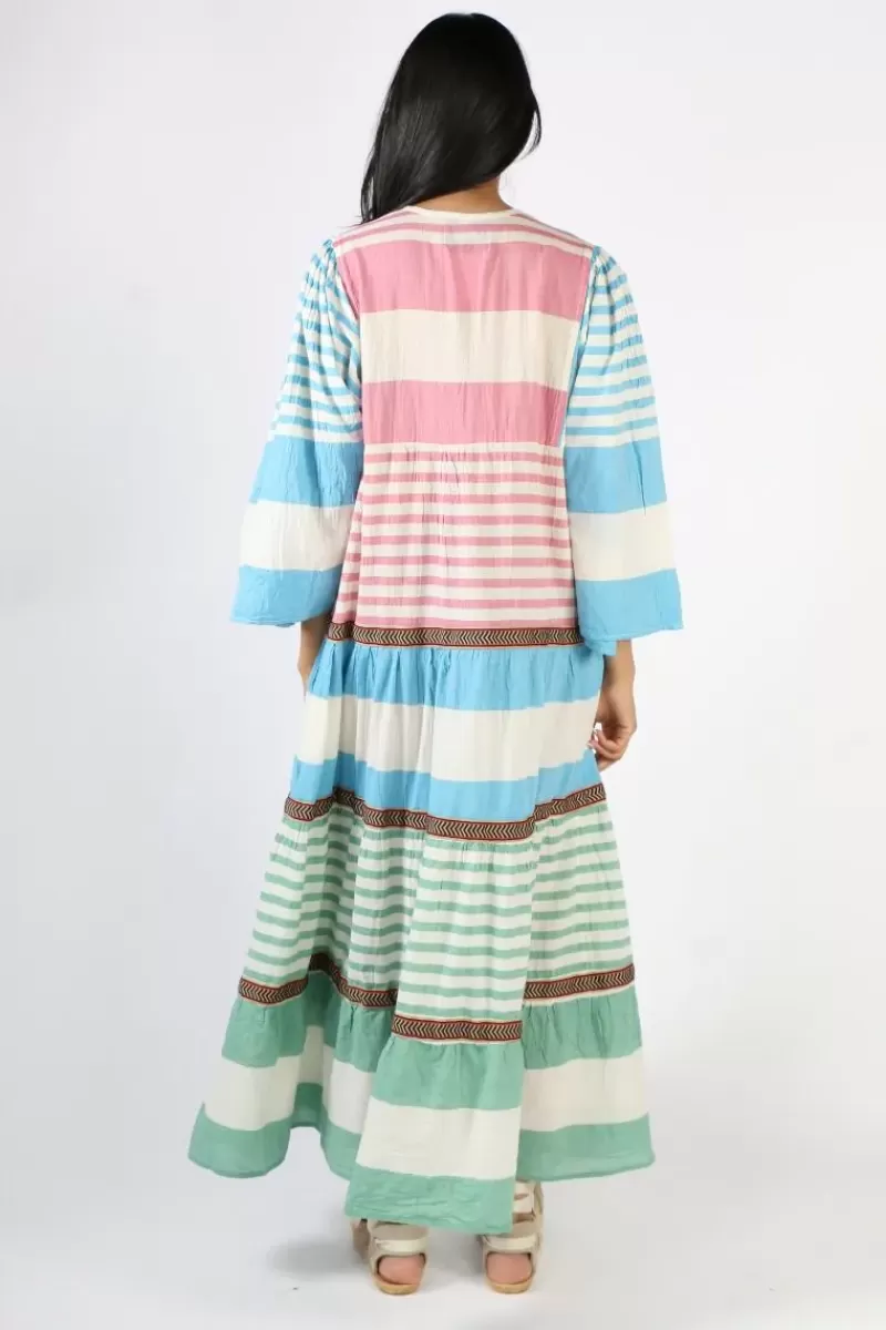 PEARL & CAVIAR Zakar Tie Neck Midi Dress In Stripe