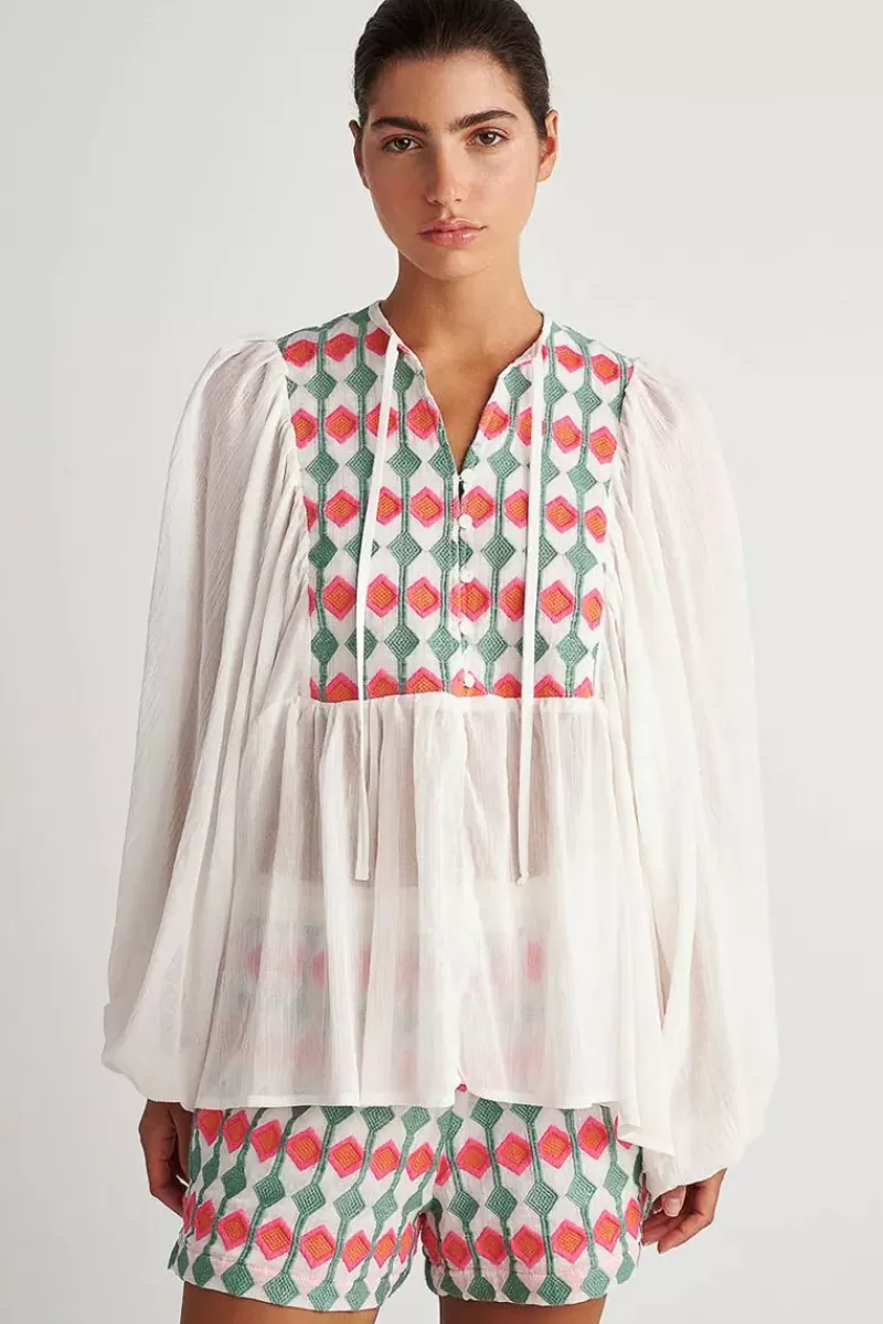 PEARL & CAVIAR Pearl And Caviar Embroidered Bouganvilla Blouse In Multi