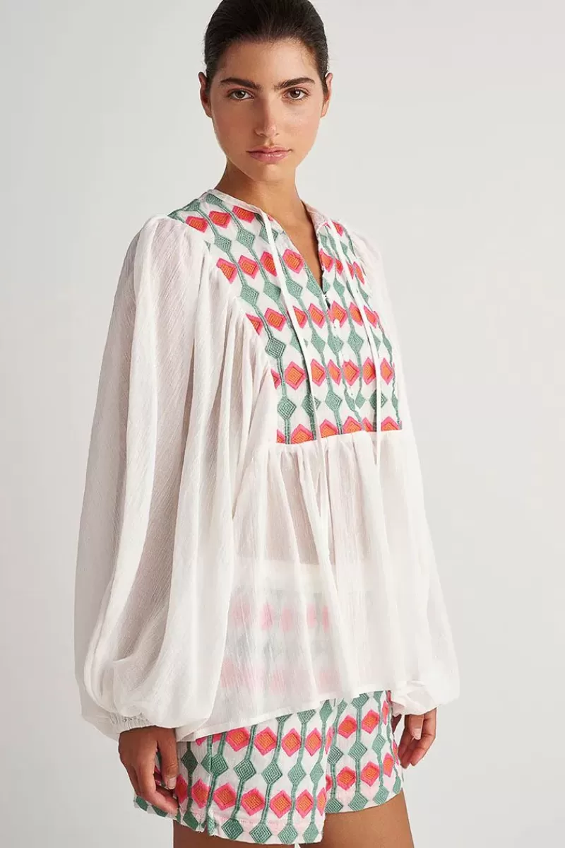 PEARL & CAVIAR Pearl And Caviar Embroidered Bouganvilla Blouse In Multi