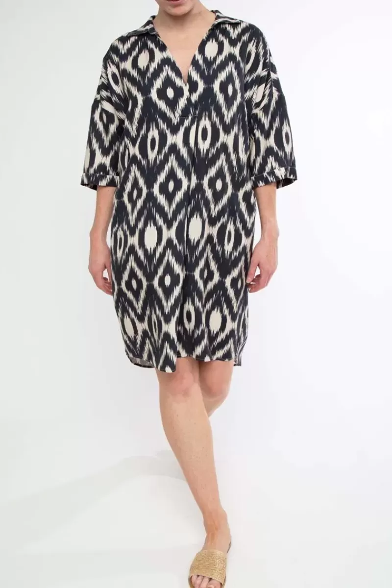 PING PONG Boxy Ikat Dress In Navy