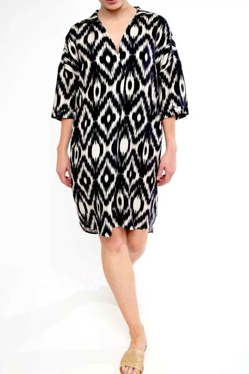 PING PONG Boxy Ikat Dress In Navy