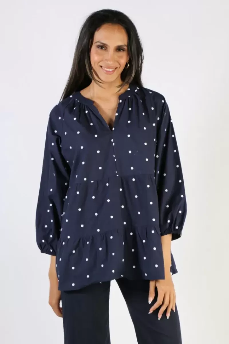 PING PONG Cotton Tiered Spot Top In Navy