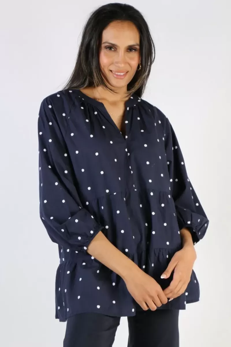 PING PONG Cotton Tiered Spot Top In Navy