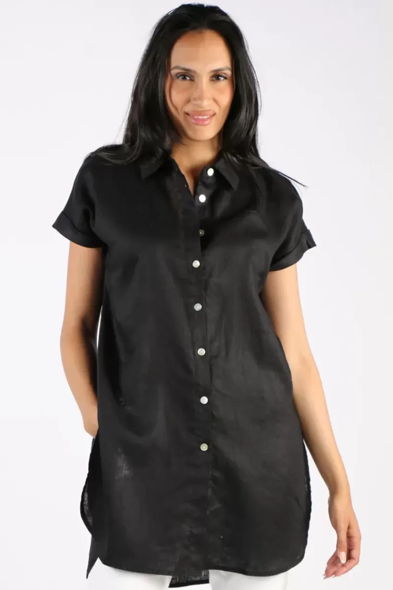 PING PONG Long Line Linen Tunic In Black