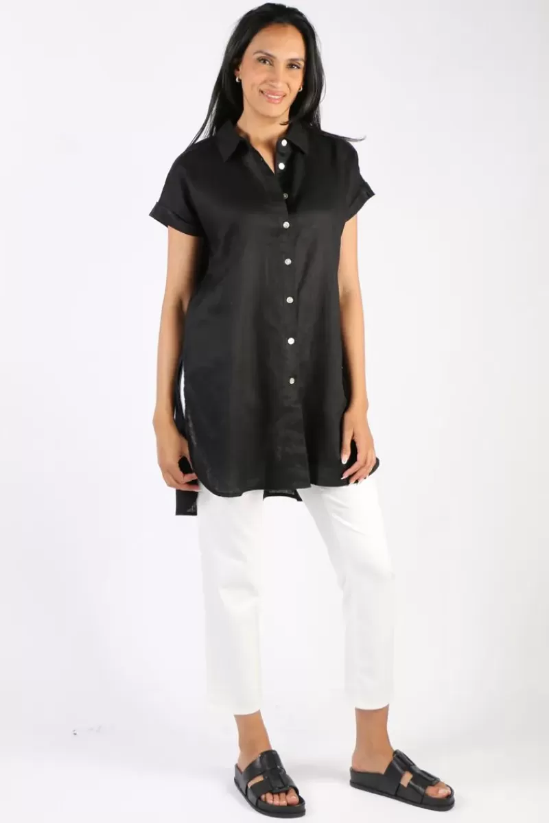 PING PONG Long Line Linen Tunic In Black