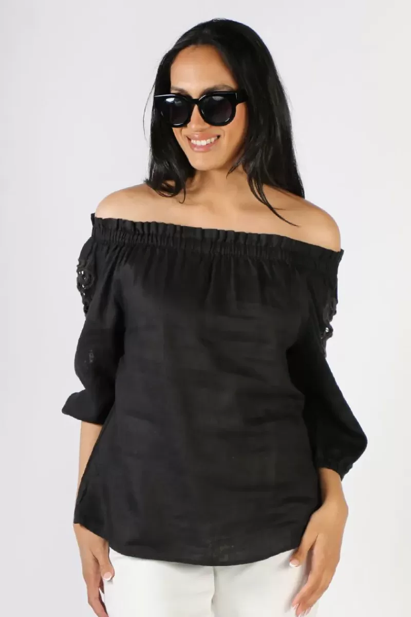 PING PONG Off Shoulder Lace Trim Top In Black