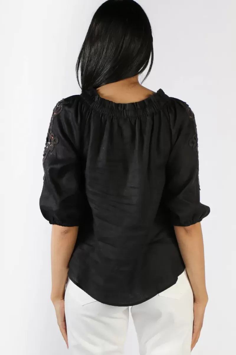 PING PONG Off Shoulder Lace Trim Top In Black