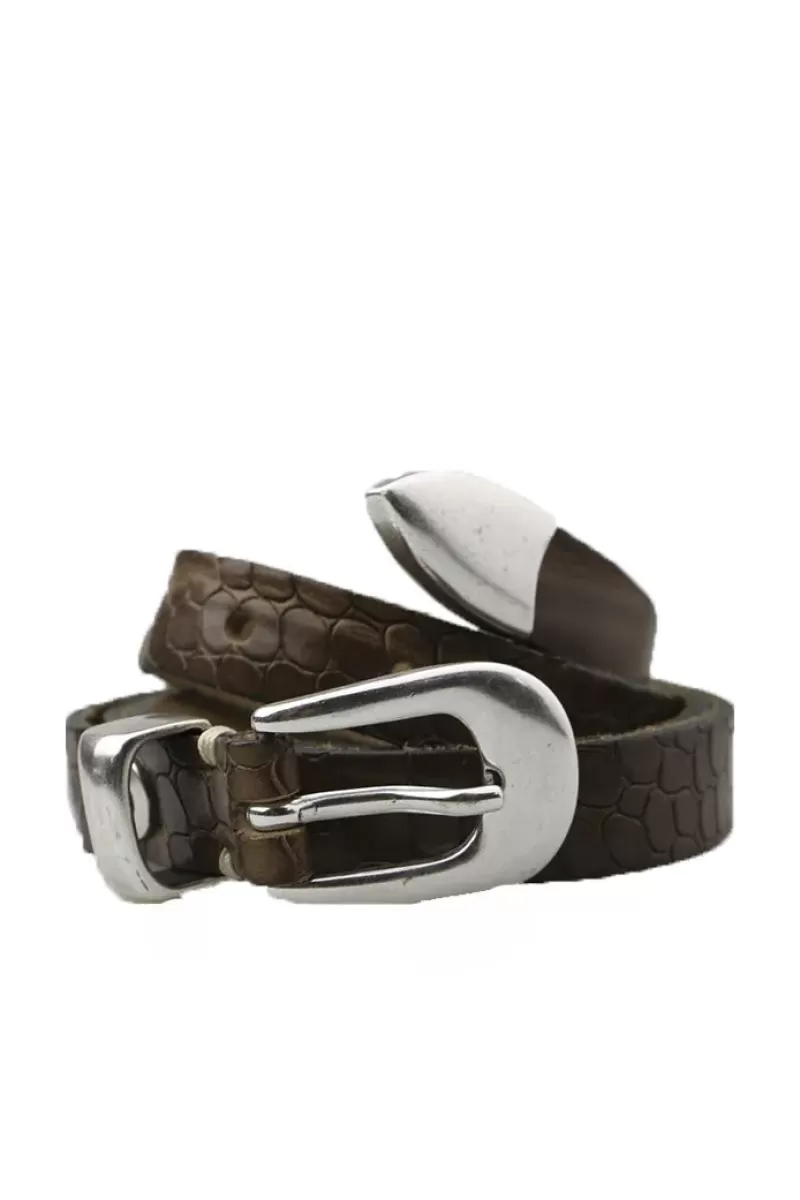 B.BELT Skinny Croc Belt In Steel By