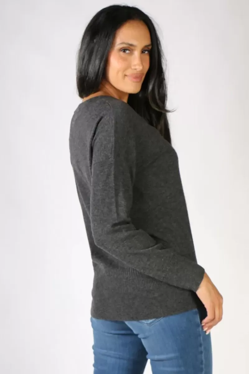 BRIDGE & LORD V Neck Cardigan In Charcoal By