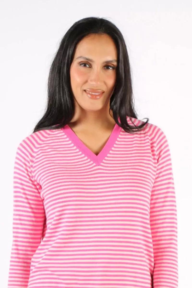 ZAKET + PLOVER Zaket & Plover Essential Stripe V Jumper In Fuchsia